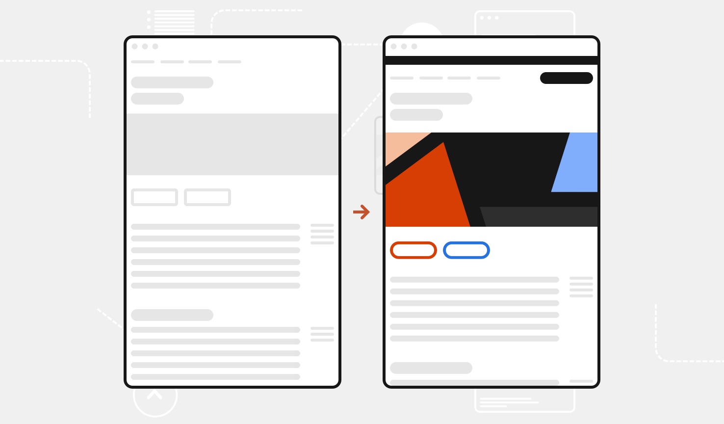 Side by side illustrations show before-and-after examples of a web page. One has the original page and the other shows that page with just a few design system components added.